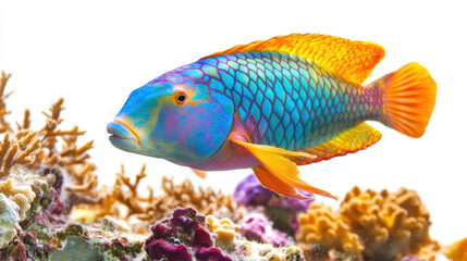 Fototapeta premium A vibrantly colored parrotfish swims gracefully over a stunning coral reef, showcasing the beauty of marine life against a bright white background.