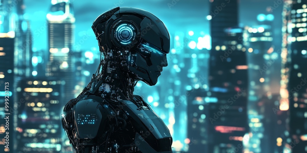 Poster a humanoid robot in a cyberpunk scene, featuring sleek metallic features, glowing circuits, and a mo