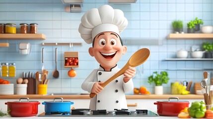 A lively 3D clipart of a smiling chef is showcased, proudly holding a wooden spoon in a bright and colorful kitchen setting, against a clean white background. The chef's outfit includes a traditional 