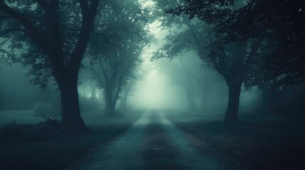 Mysterious dark forest with misty road and eerie trees