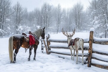Winter wonderland with horses and deer