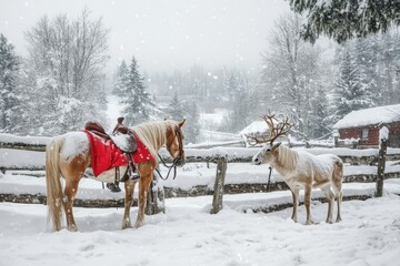 Winter wonderland with horses and reindeer