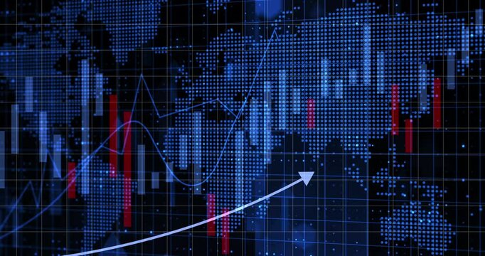 Stock market, global and arrow for finance with bar graph for supply chain, commodity price increase or decrease. Chart information, digital and stats of economic inflation, cost and value or rates.