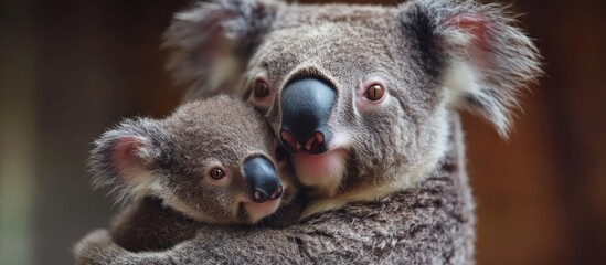 Naklejka premium Close-up portrait of a mother koala cuddling her joey.
