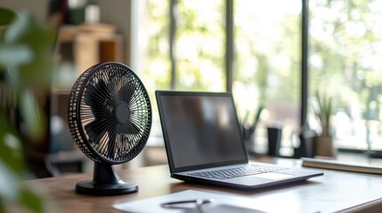 Comfortable home office setup with laptop and fan