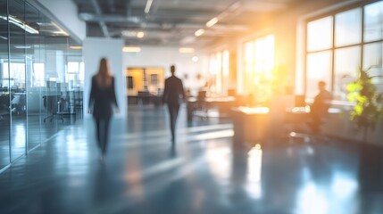 Abstract blurred interior modern office space with business people group working banner background with copy space. 