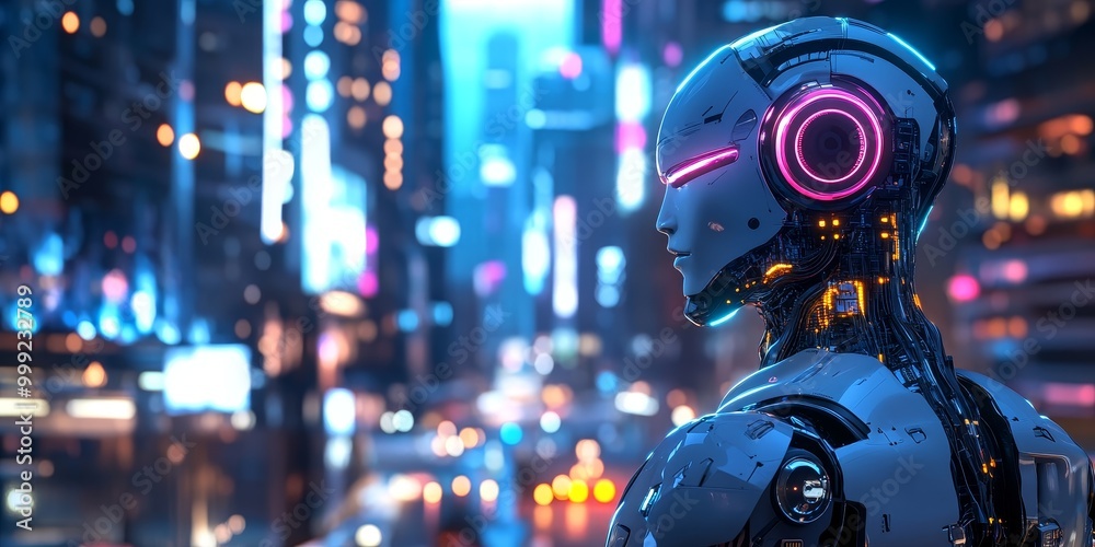 Poster a humanoid robot in a cyberpunk scene, featuring sleek metallic features, glowing circuits, and a mo