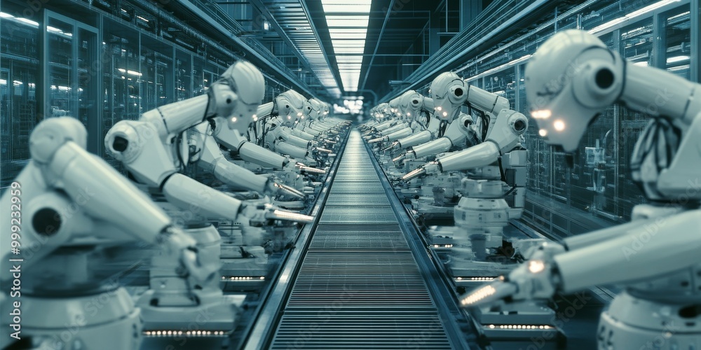 Aufkleber multiple industrial robots working in synchronization, optimizing production and increasing efficiency in a factory setting.