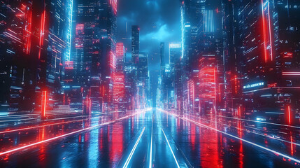 Obraz premium Neon Cityscape: A Futuristic Vision of Urban Life with Glowing Lights