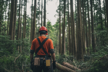 樹木を切る男性　木こり　木樵