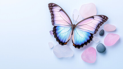A close-up view of a fairy butterfly perched gracefully among colorful pebbles on a light background, evoking tranquility and wonder