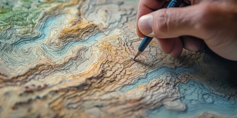 a geologist tracing contour lines on a topographic map, with terrain features and elevation changes in focus.