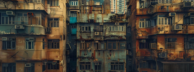 A close-up of a weathered apartment building complex showcasing intricate architecture and urban decay, highlighting its historical charm.
