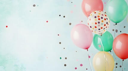 Colorful balloons against a light blue background with confetti create a festive and cheerful atmosphere.