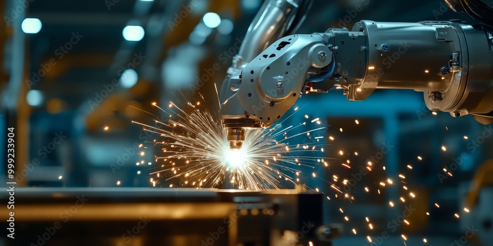 Poster a robotic welding system, with sparks flying as the robot performs perfect welds, ensuring high-qual