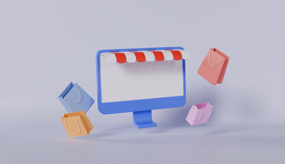 3D rendering shopping online e commerce with credit card concept, computer, shopping paper bag
