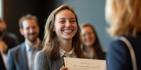 A close-up shows an employee receiving a certificate of recognition, with a proud smile and applause from colleagues, highlighting the moment of achievement