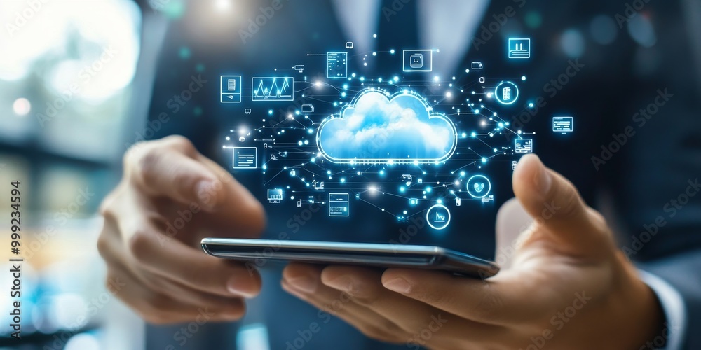Poster Business environment where tech integration of mobile apps and cloud services optimizes collaboration and efficiency among team members.