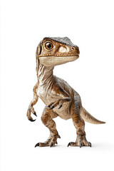 Obraz premium A detailed 3D rendering of a young, brown velociraptor with large eyes and realistic texture on a white background.