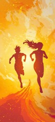 two people running and playing against a gradient orange to yellow background, symbolizing vibrant participation and engagement.