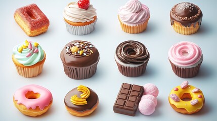 Collection of sweet food 3d icons. Cupcakes, cakes, chocolate bars, ice cream, donuts, cotton candy