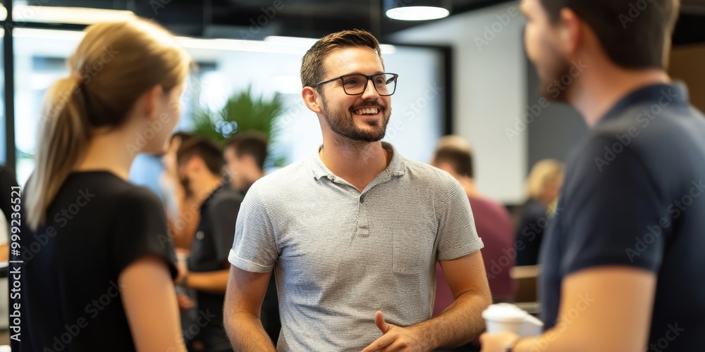 Aufkleber Creative startup event with entrepreneurs sharing ideas and collaborating on projects in a dynamic and inspiring office environment.