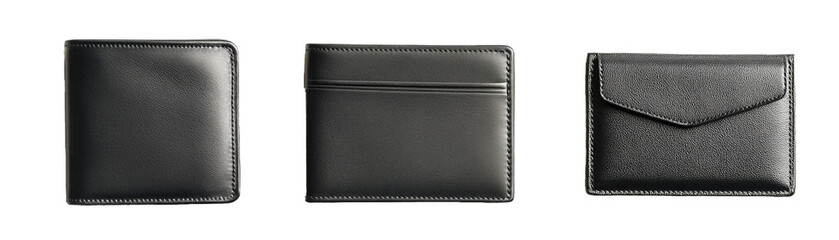 Black Leather Wallets in Different Designs On. Isolated on a Transparent Background. Cutout PNG.