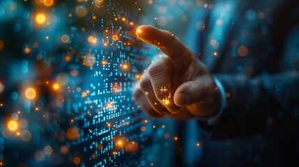 Close up of businessman hand pointing at glowing linear euro hologram on blurry blue background. Investment, trade and finance concept. Double exposure 
