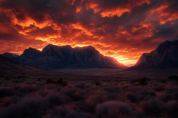A Dramatic Sunset Over Rugged Mountain Range with Red Clouds and a Valley in the Foreground