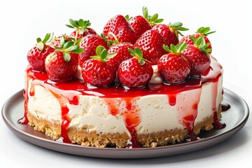 Strawberry cheesecake with fresh strawberries on white background