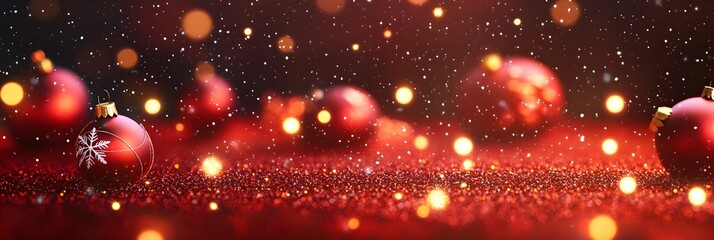 Glittering red Xmas background with snowflakes and lights. Merry Christmas banner
