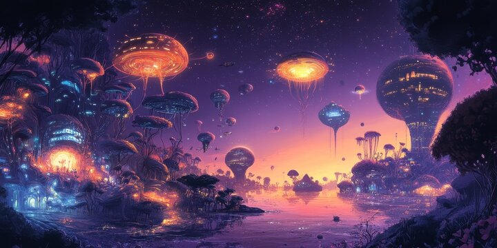 Futuristic alien world featuring interconnected smart cities, organic tech structures, and a vibrant, glowing atmosphere.