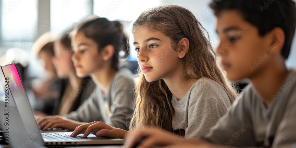 Poster a close-up captures students coding on laptops, focusing on screens and focused expressions, as a mo