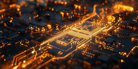Obraz premium Macro shot of an AI chip processing data, with intricate circuits executing algorithms, demonstrating the core of digital intelligence.