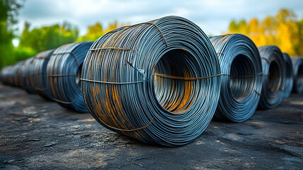 Fototapeta premium Steel Wire Coils Stacked in a Row