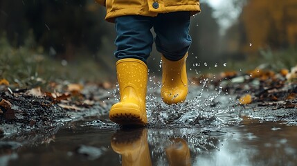 A child splashes in a puddle, bright yellow rain boots capturing the joy of a rainy day.
