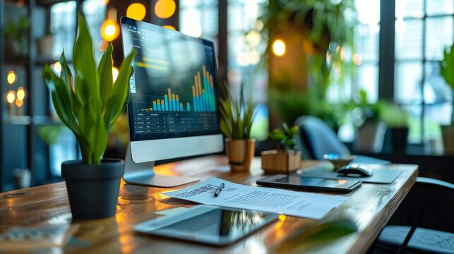 A desk in the office is neatly organized with a computer monitor, document, tablet, and telephone placed on it. The setup is ready for efficient work and smooth communication. 