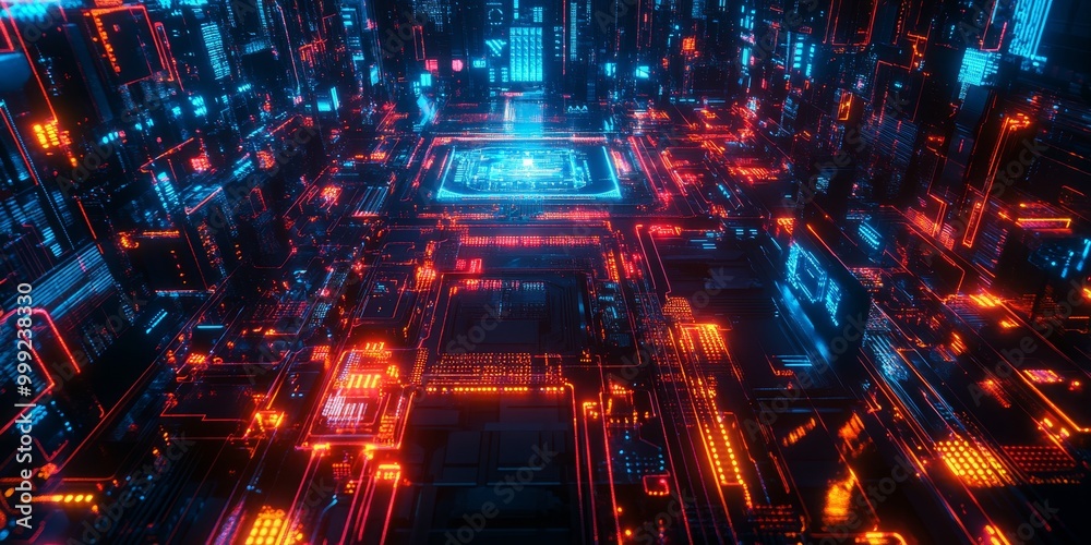 Poster A detailed look at an advanced AI core, surrounded by neon-lit circuits and data streams, set in a dark cyberpunk world.