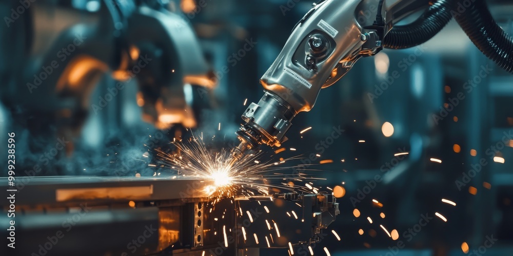 Poster a robotic welding system, with sparks flying as the robot performs perfect welds, ensuring high-qual
