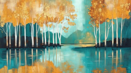 Obraz premium Modern art painting of teal and gold trees by a peaceful pond, showcasing abstract shapes and autumn colors