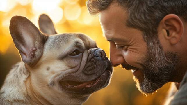 A joyful man plays nose to nose with his French bulldog in the sunlight. A middle-aged white caucasian man interacts joyfully with his French bulldog on a sunny afternoon. - Powered by Adobe