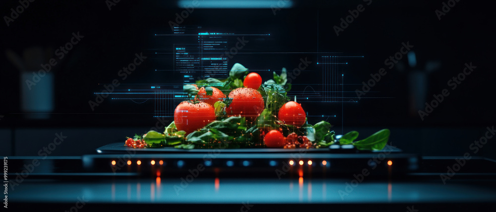 Wall mural nutritional infographic projected above a healthy meal in a futuristic kitchen, food data visualizat