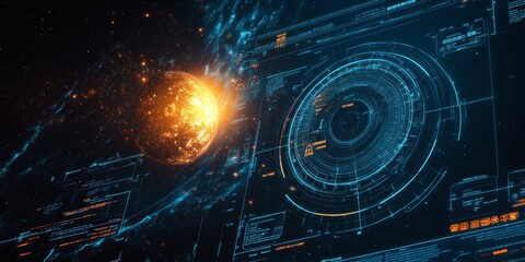Fototapeta premium A sleek, modern software screen for space missions, showcasing dynamic celestial data, orbit tracking, and energy readings.