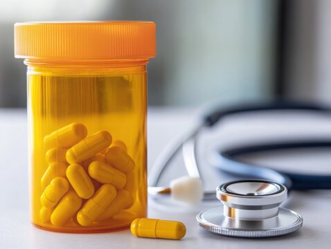 Yellow Pill Bottle on Desk with Stethoscope