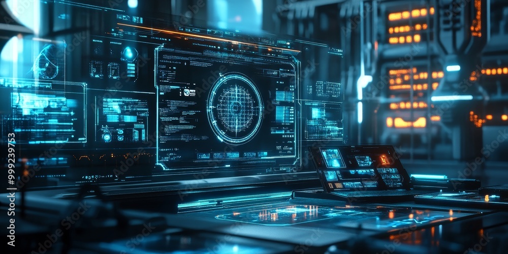 Poster Cyberpunk AI system featuring glowing data streams, holographic interfaces, and advanced machine learning algorithms in a sleek high-tech lab.