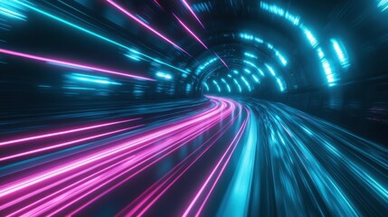 Neon teal and pink light trails rushing through an abstract tunnel, symbolizing speed, motion, and digital energy