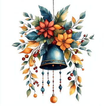 recommend clip art: Christmas bell clipart, with boho elements like feathers and beads, watercolor illustration, warm hues, isolated on white background
