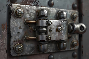 Close-up of a rusty, weathered metal door lock with intricate details and a vintage aesthetic, showcasing aged textures and wear.