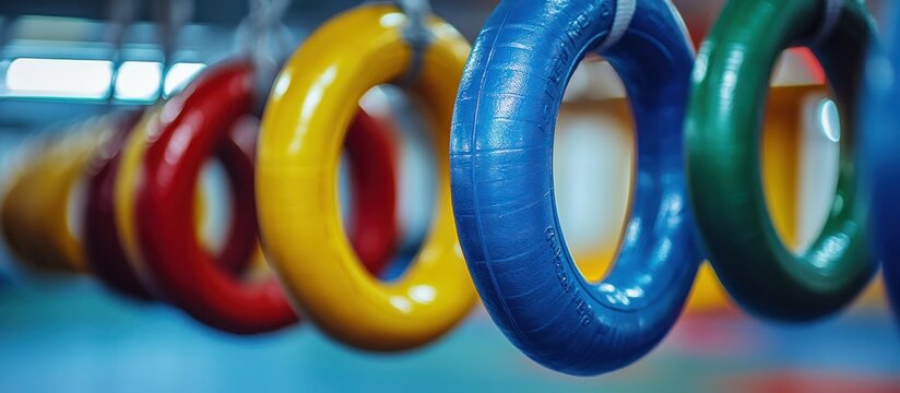 Colorful gymnastic rings hanging from a ceiling, close-up.