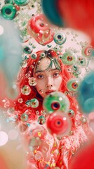 Fototapeta premium Surreal portrait of a woman with vibrant red hair surrounded by floating colorful eyeballs